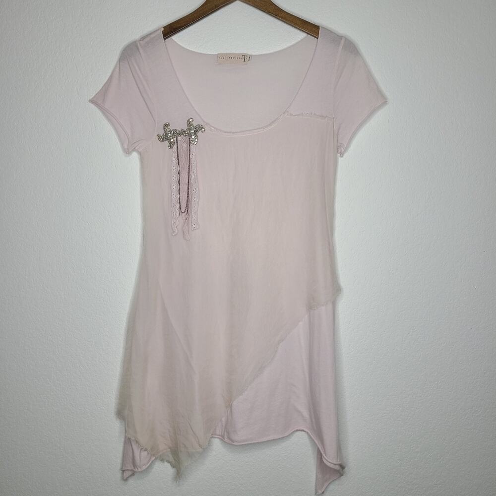 4 Love and Liberty Pink Asymmetrical Top Gem and Bead Detail Small 100% Cotton